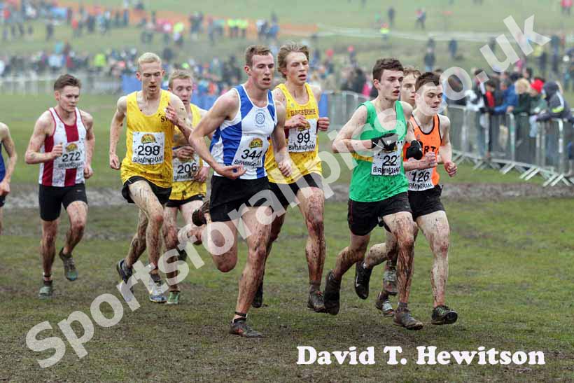 298 Lewis Lloyd, 344 Gordon Benson, 99 William Poulson, 22 Jonathan Davies and 126 Michael Callegan during the under-20s men McCain World Cross country Trials and Inter Counties.